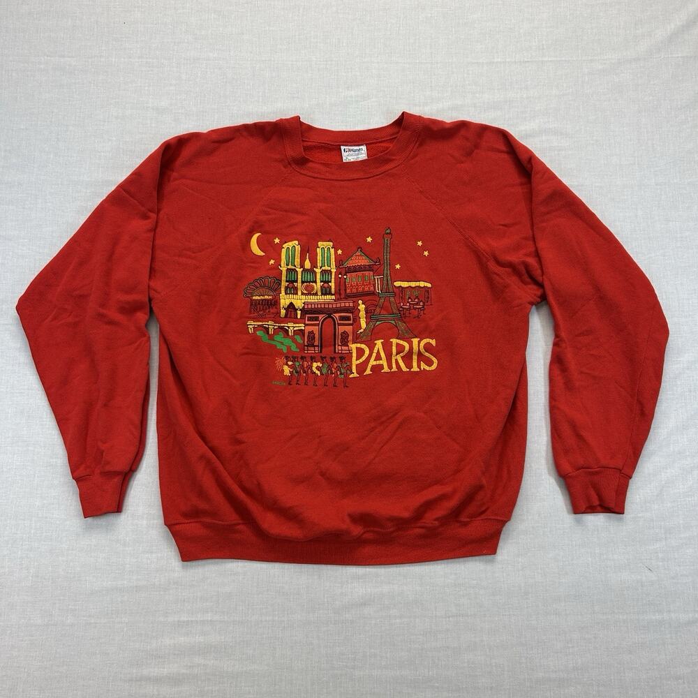 Vintage Hanes Graphic Print Paris France Eiffel Tower Sweatshirt Mens XL Red Top